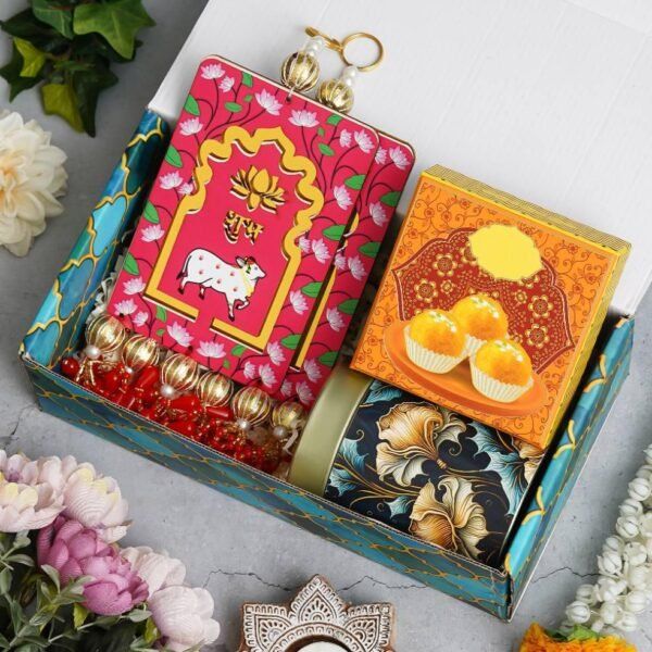 150gms Almonds in Tin jar, 4 Ladoo candles with Shubh Labh hanging
