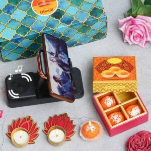 Foldable mobile stand with Bluetooth Speaker, 4 Ladoo Candles and 2 Lotus Tealight