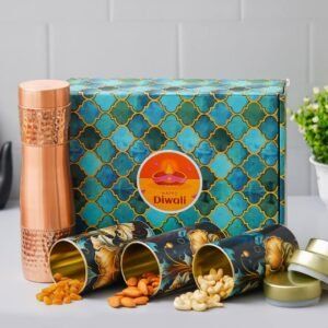 1 Copper Bottle (900ML) – 250gms each Almond, Cashew & Raisin in Tin Jar