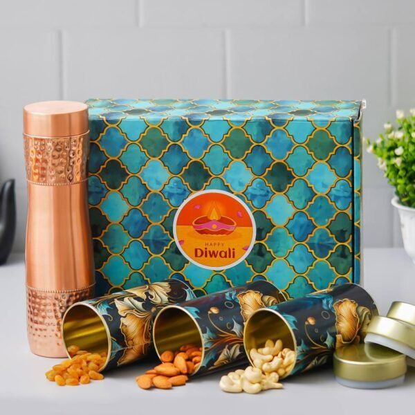 1 Copper Bottle (900ML) - 250gms each Almond, Cashew & Raisin in Tin Jar - Image 2