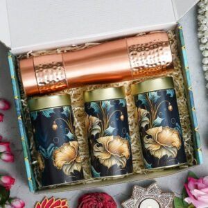 1 Copper Bottle (900ML) – 250gms each Almond, Cashew & Raisin in Tin Jar