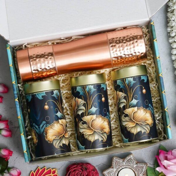 1 Copper Bottle (900ML) - 250gms each Almond, Cashew & Raisin in Tin Jar