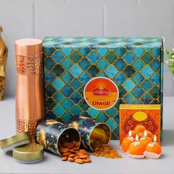 1 Copper Bottle (900ML) - 150gms each Almond & Raisin in Tin Jar - 4 Ladoo candle