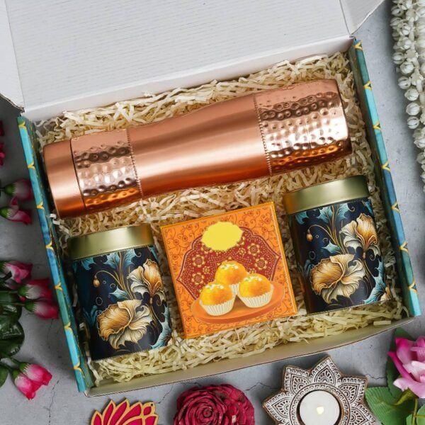 1 Copper Bottle (900ML) - 150gms each Almond & Raisin in Tin Jar - 4 Ladoo candle - Image 2