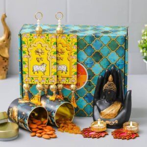 Hand Buddha – Pair of Shubh Labh Hanging, 2 Lotus Tealight – 150gms each Almond, Raisin in Tin Jar