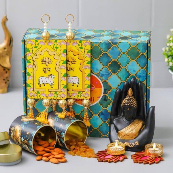 Hand Buddha - Pair of Shubh Labh Hanging, 2 Lotus Tealight - 150gms each Almond, Raisin in Tin Jar - Image 2