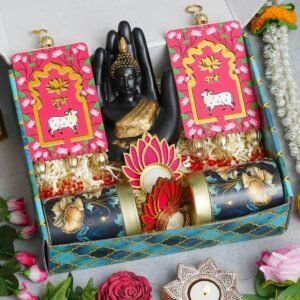 Hand Buddha – Pair of Shubh Labh Hanging, 2 Lotus Tealight – 150gms each Almond, Raisin in Tin Jar