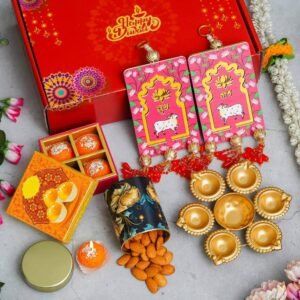 1 Metal Urli – 150gms Almond in Tin Jar – 4 Ladoo candle, Pair of Shubh Labh Hanging