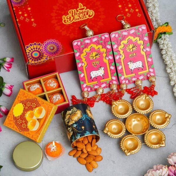 1 Metal Urli - 150gms Almond in Tin Jar - 4 Ladoo candle, Pair of Shubh Labh Hanging