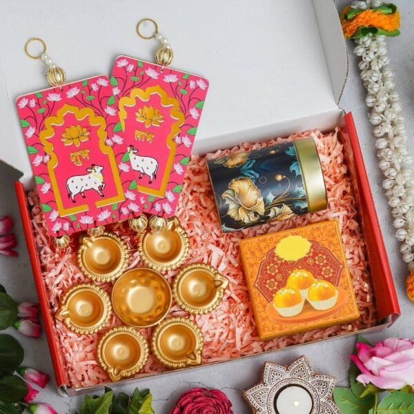 1 Metal Urli - 150gms Almond in Tin Jar - 4 Ladoo candle, Pair of Shubh Labh Hanging - Image 2