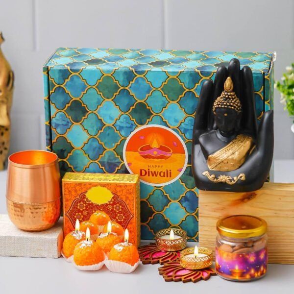 Hand Buddha - 1 Copper Glass , 100gms Almond - 2 Lotus Tealight, 4 Ladoo Candles