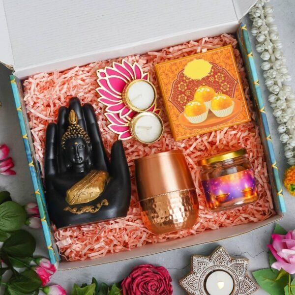Hand Buddha - 1 Copper Glass , 100gms Almond - 2 Lotus Tealight, 4 Ladoo Candles - Image 2