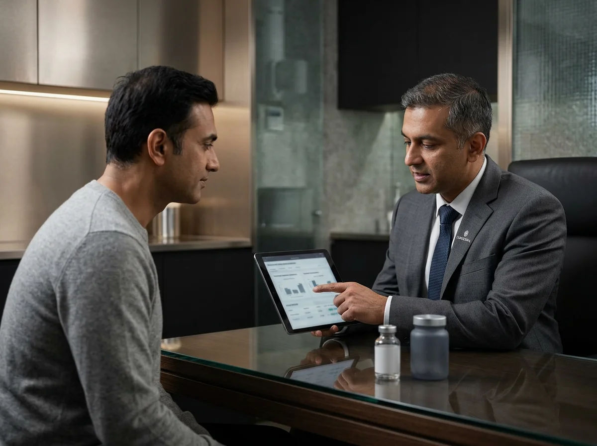 Photo of a Longegra physician reviewing HPG axis lab results during a testosterone intake consultation