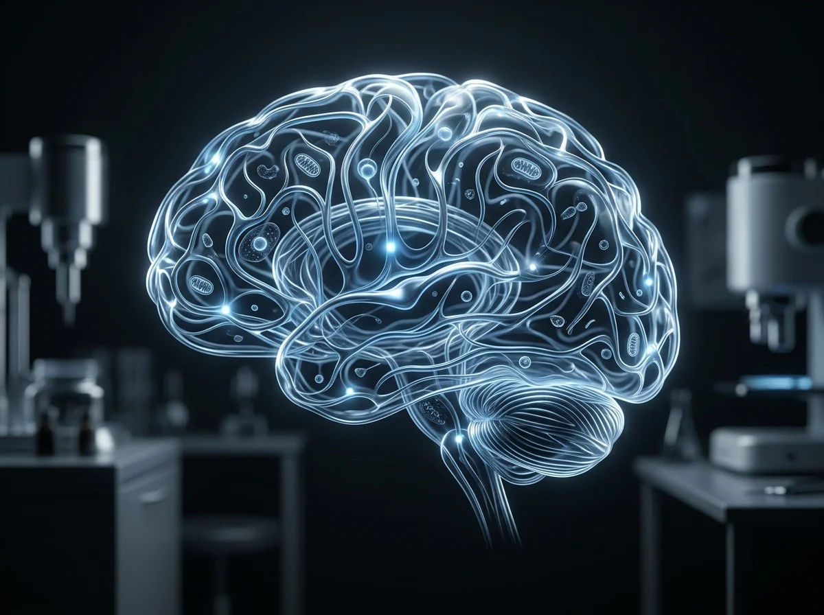 Infographic showing the key brain aging mechanisms and which peptides address each one at the cellular level