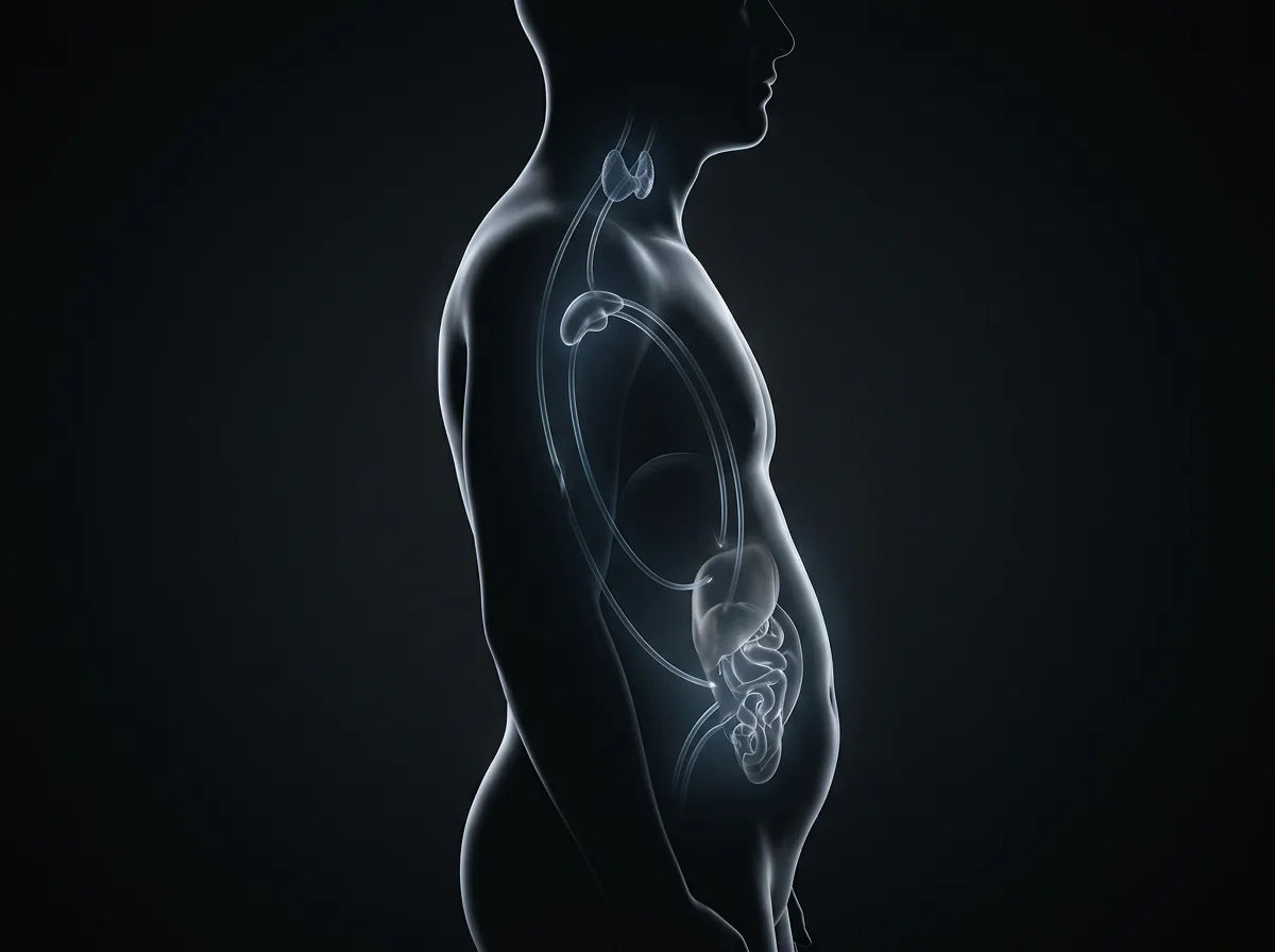 Diagram showing the four pathways through which low testosterone drives fat accumulation and weight gain