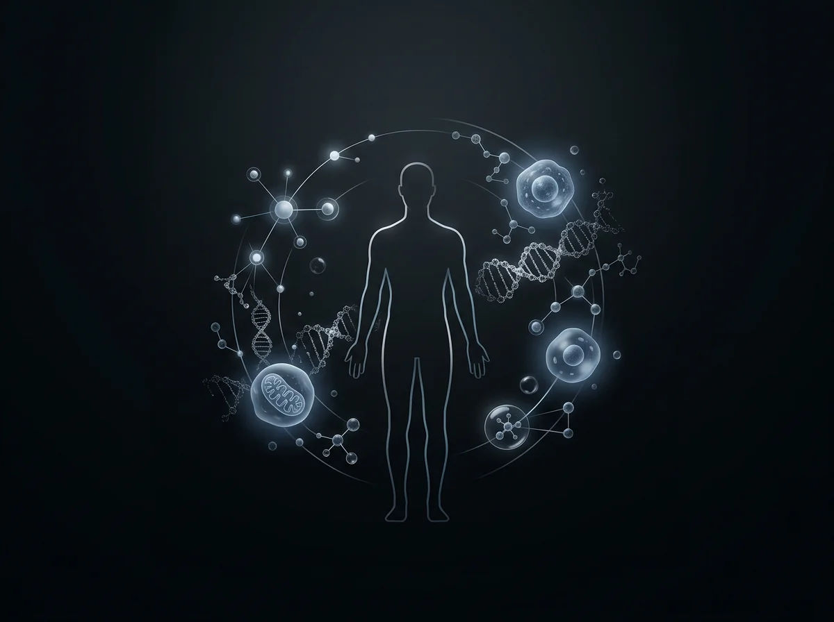 Infographic showing the key biological aging mechanisms and which peptides address each one