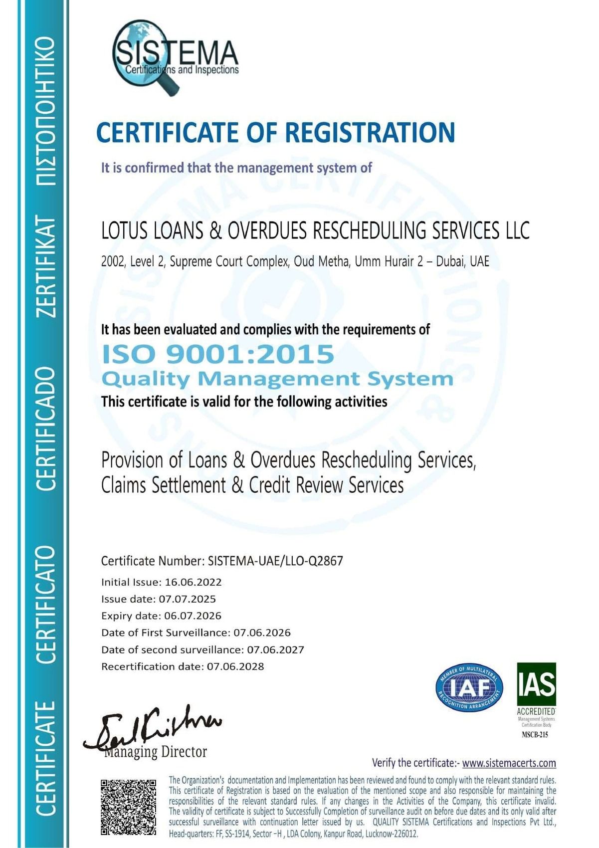ISO CERTIFICATE LOTUS DEBT MANAGENT DUBAI