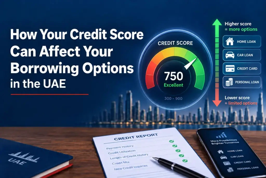 Infographic showing AECB credit score tiers from 300 to 900 and their impact on UAE bank loan approvals and interest rates