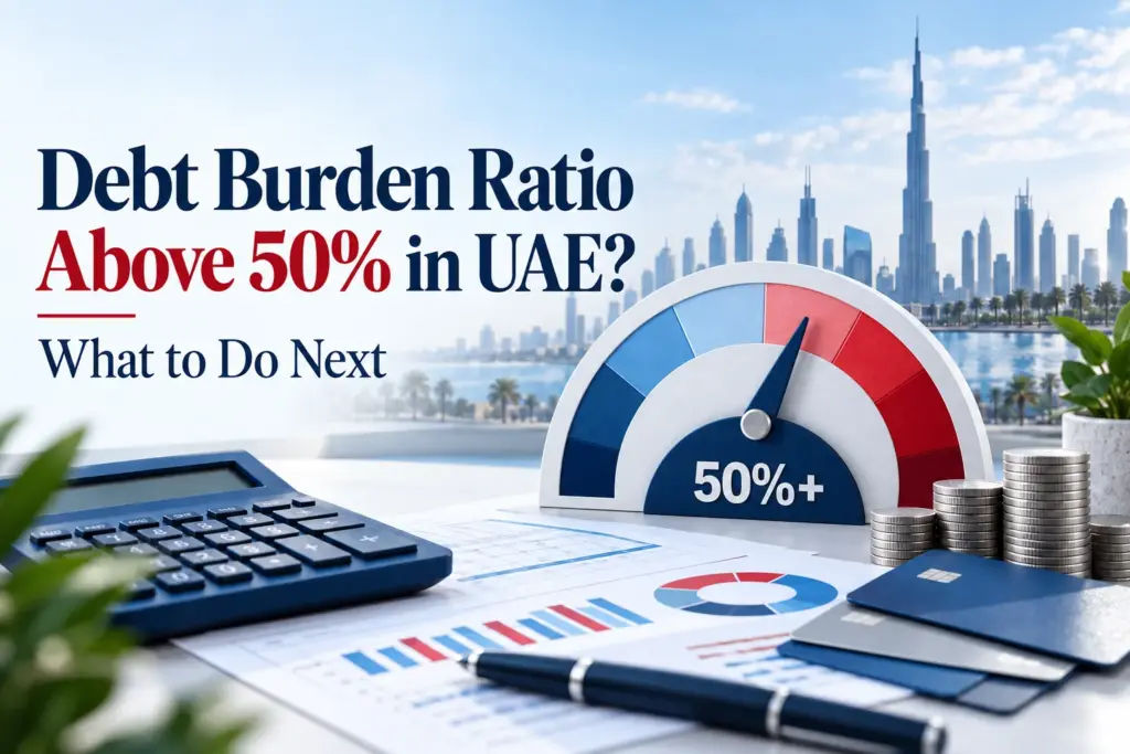 Debt burden ratio above 50% in the UAE illustrated with a blue and red gauge, calculator, credit cards, and Dubai skyline