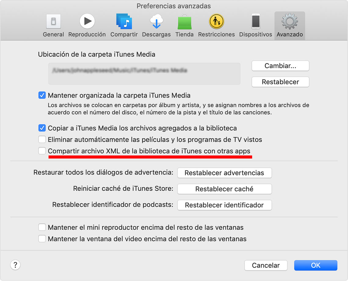 imagen del panel de preferencias del antiguo iTunes