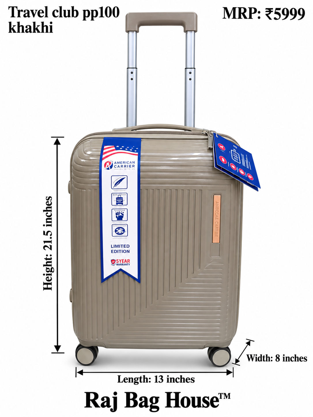 Travel Club PP100 Cabin Trolley Suitcase – Khakhi 2