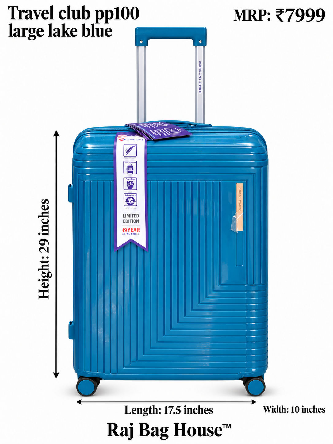 Travel Club PP100 Large Trolley Suitcase – Lake Blue