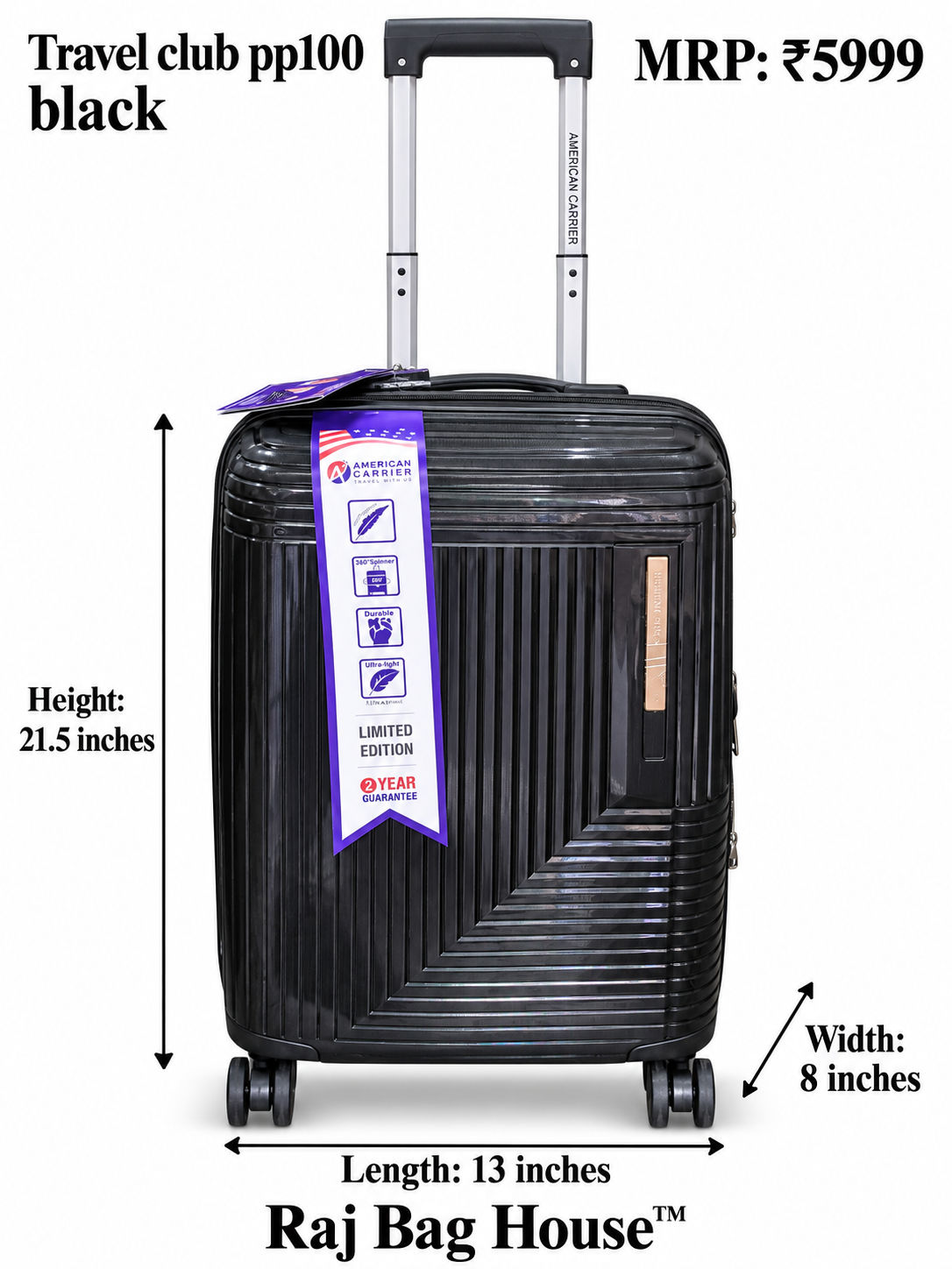 Travel Club PP100 Cabin Trolley Suitcase – Black 2