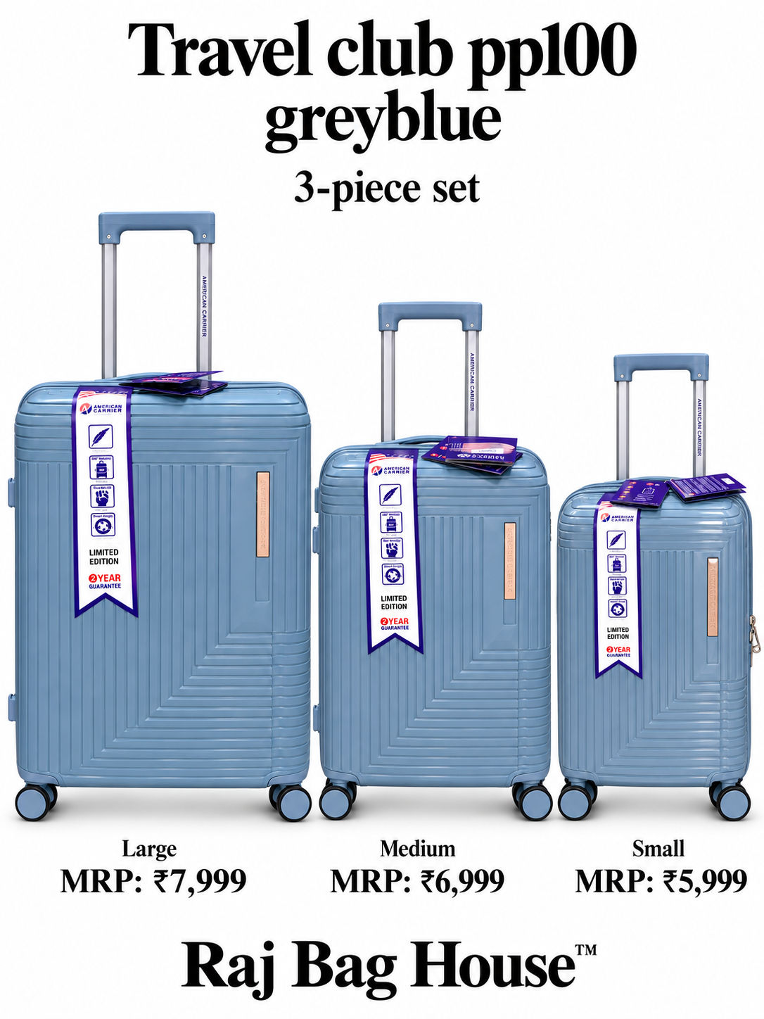 Travel Club PP100 3-Piece Trolley Set – Grey Blue