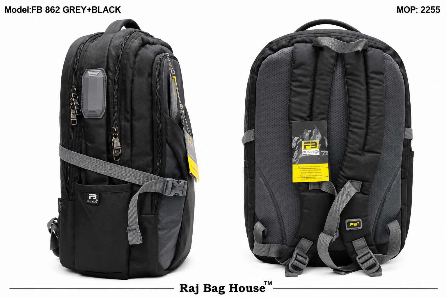 FB Fashion 762 Large Backpack – Grey / Black 2