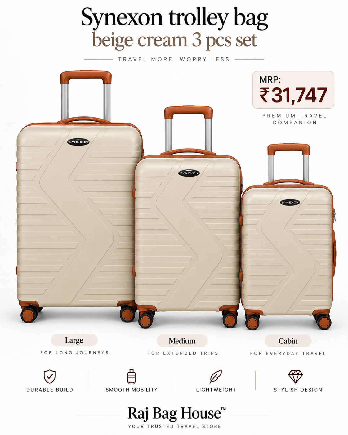 Synexon 3-Piece Trolley Set – Beige Cream