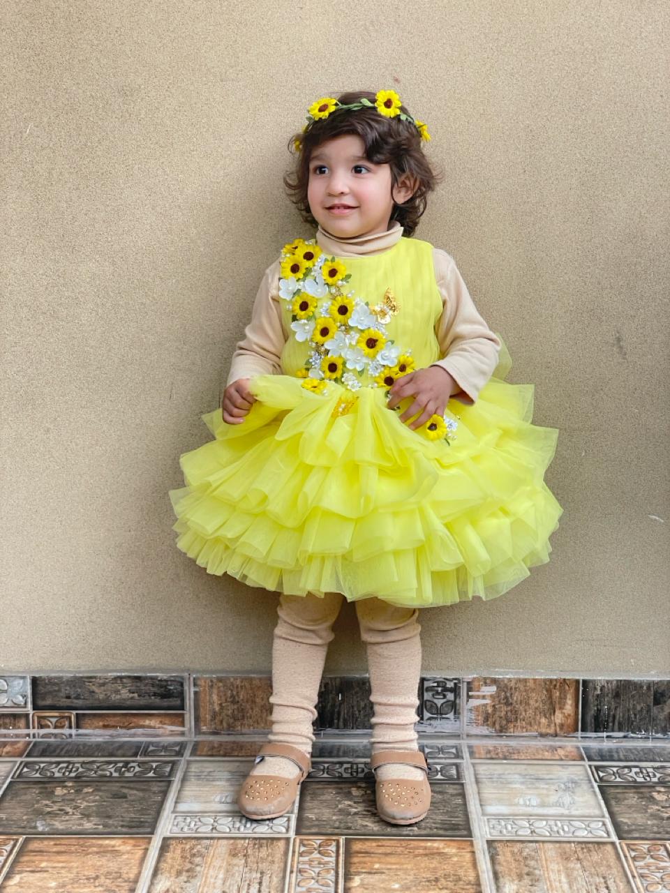 Yellow Ruffle Dress – handmade girls outfit, layered ruffled net with tiered detailing, made to order in Pakistan