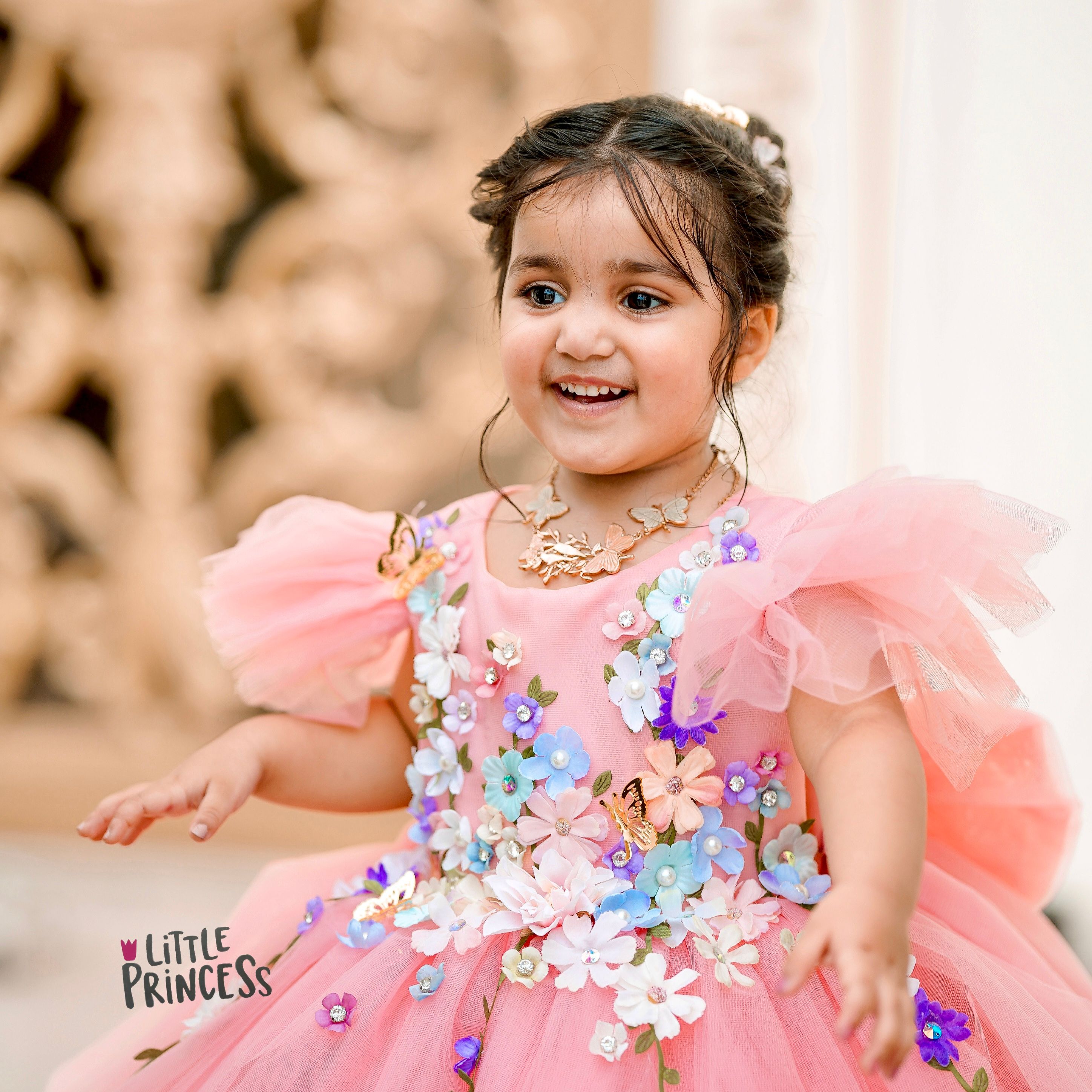 Spring Peach Dress – handmade girls outfit, silk body with a layered net skirt, made to order in Pakistan