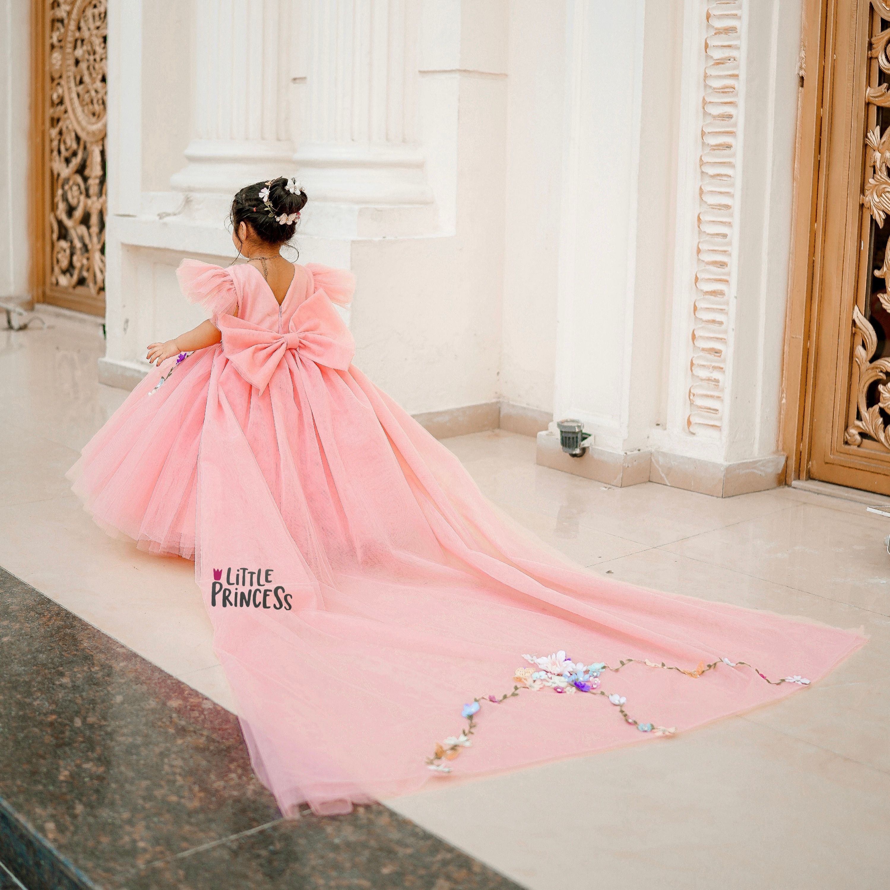 Spring Peach Dress – handmade girls outfit, silk body with a layered net skirt, made to order in Pakistan