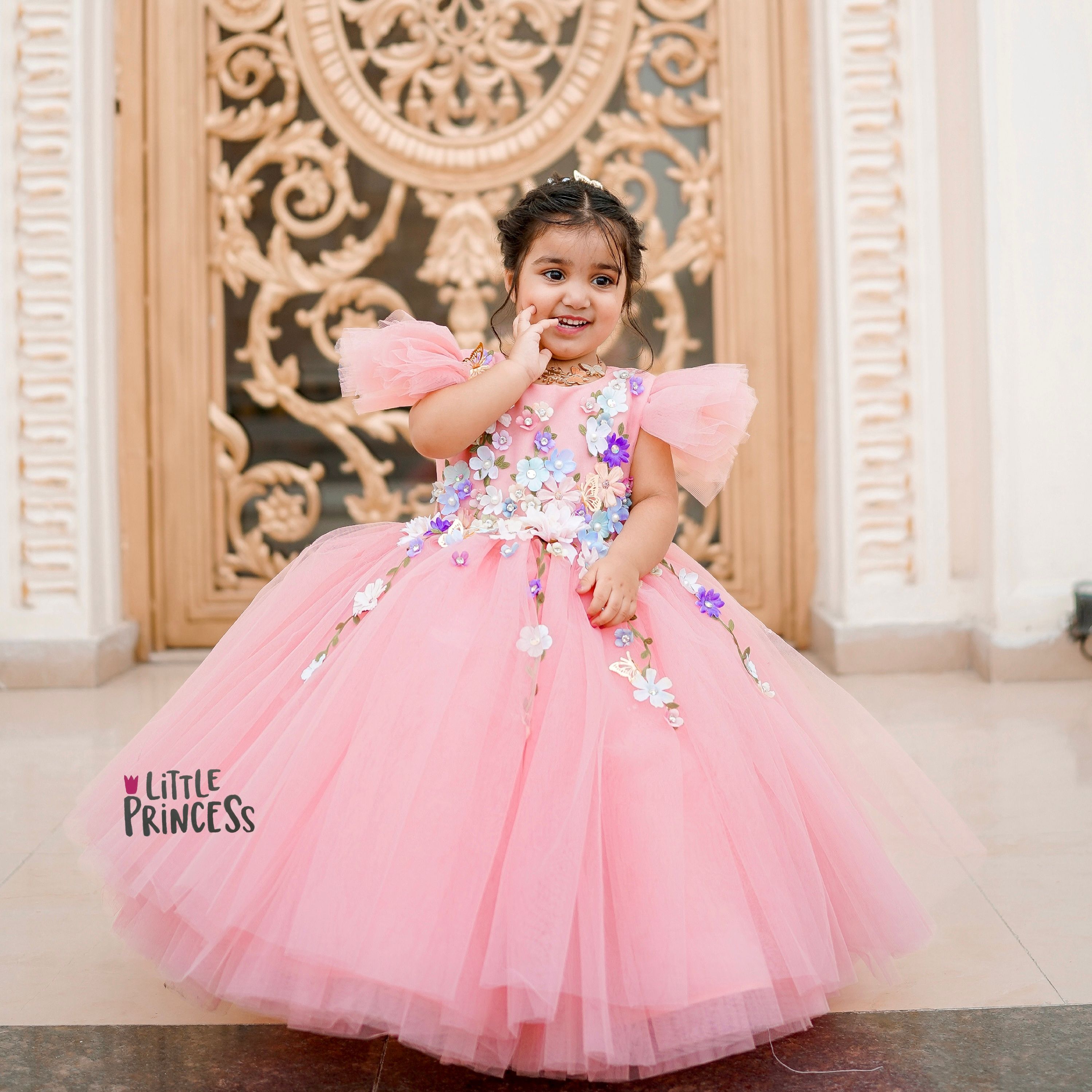 Spring Peach Dress – handmade girls outfit, silk body with a layered net skirt, made to order in Pakistan