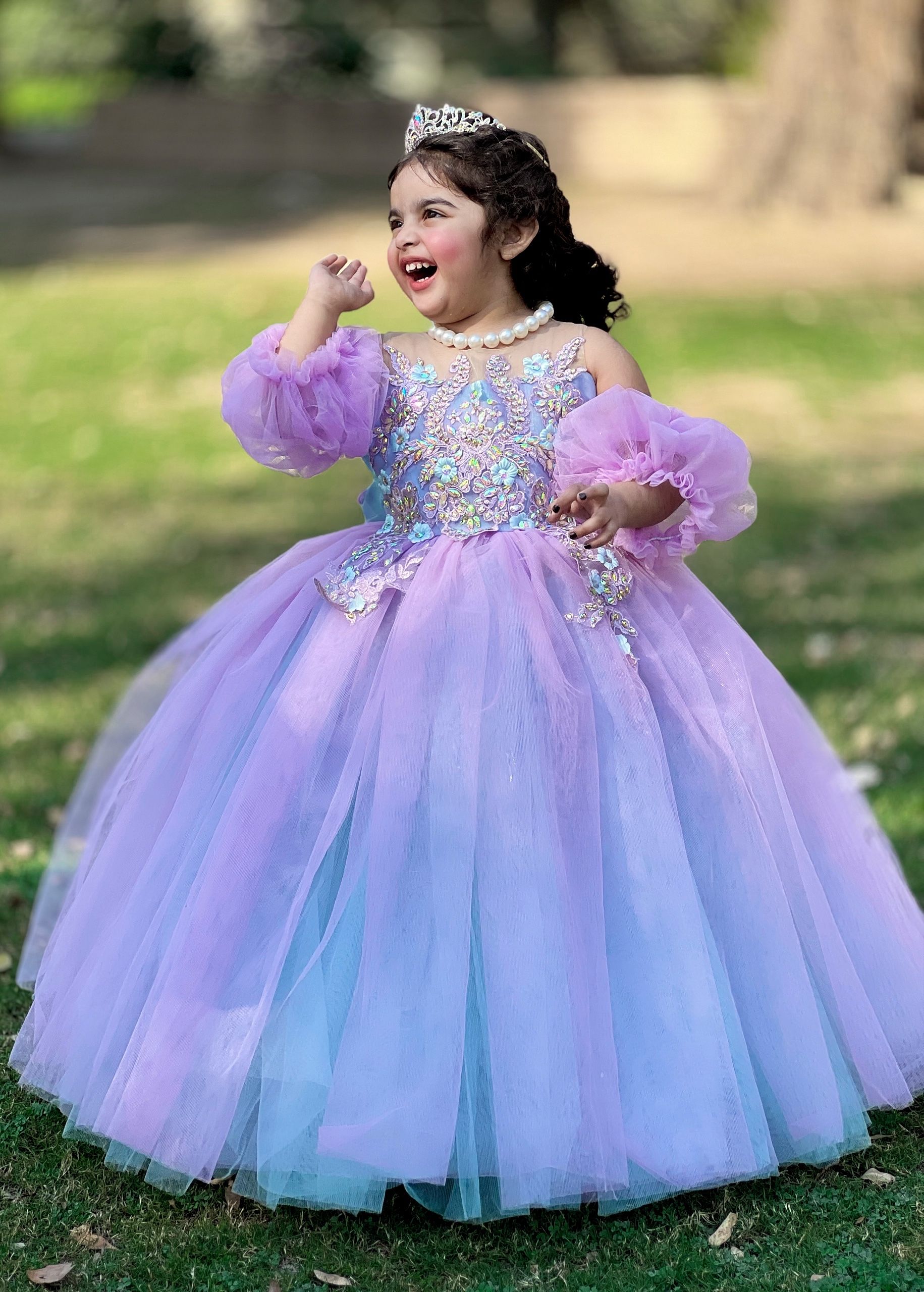 Fluffly Silk Net Gown – handmade girls outfit, silk body with a layered net skirt, made to order in Pakistan