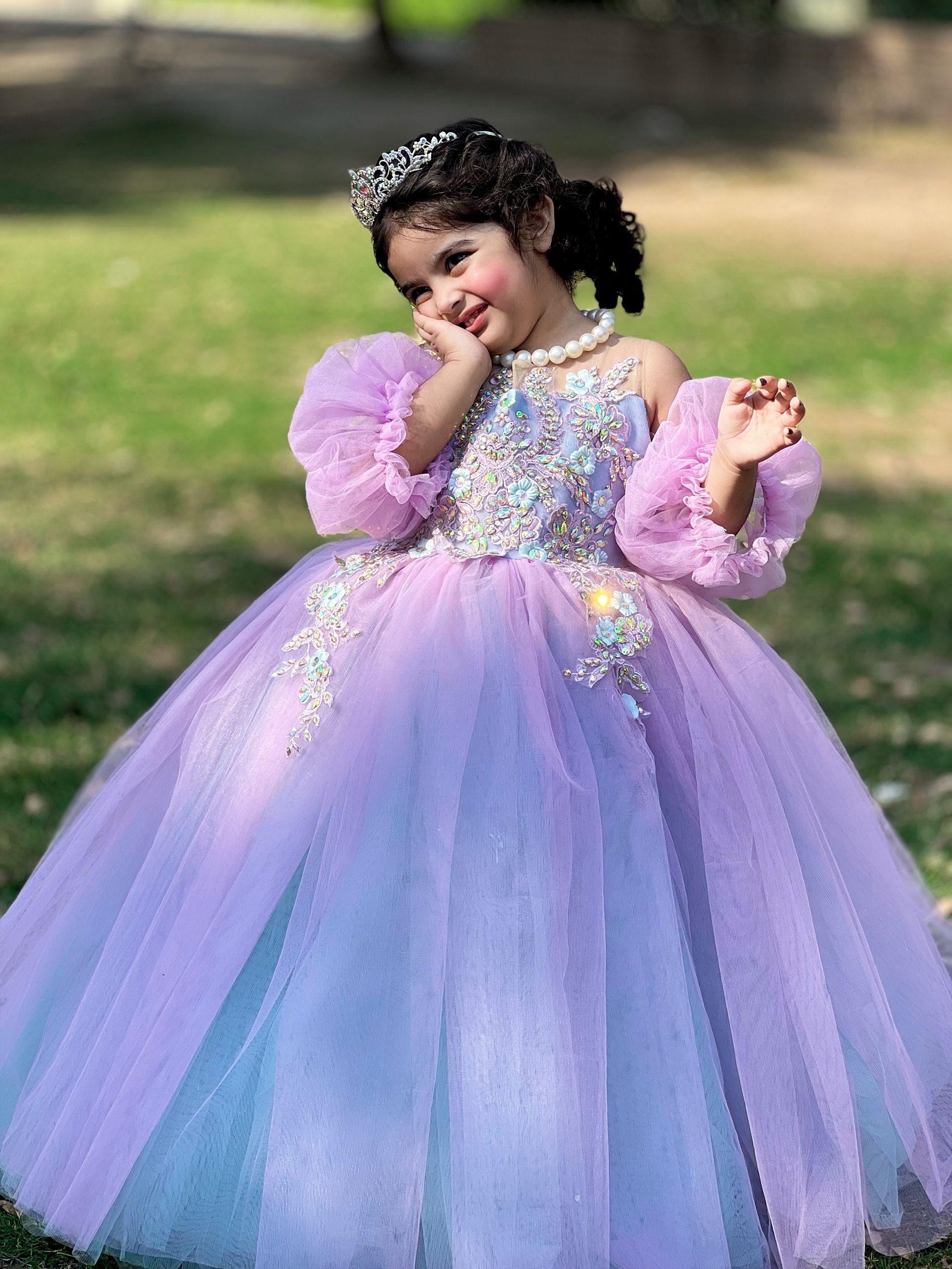 Fluffly Silk Net Gown – handmade girls outfit, silk body with a layered net skirt, made to order in Pakistan