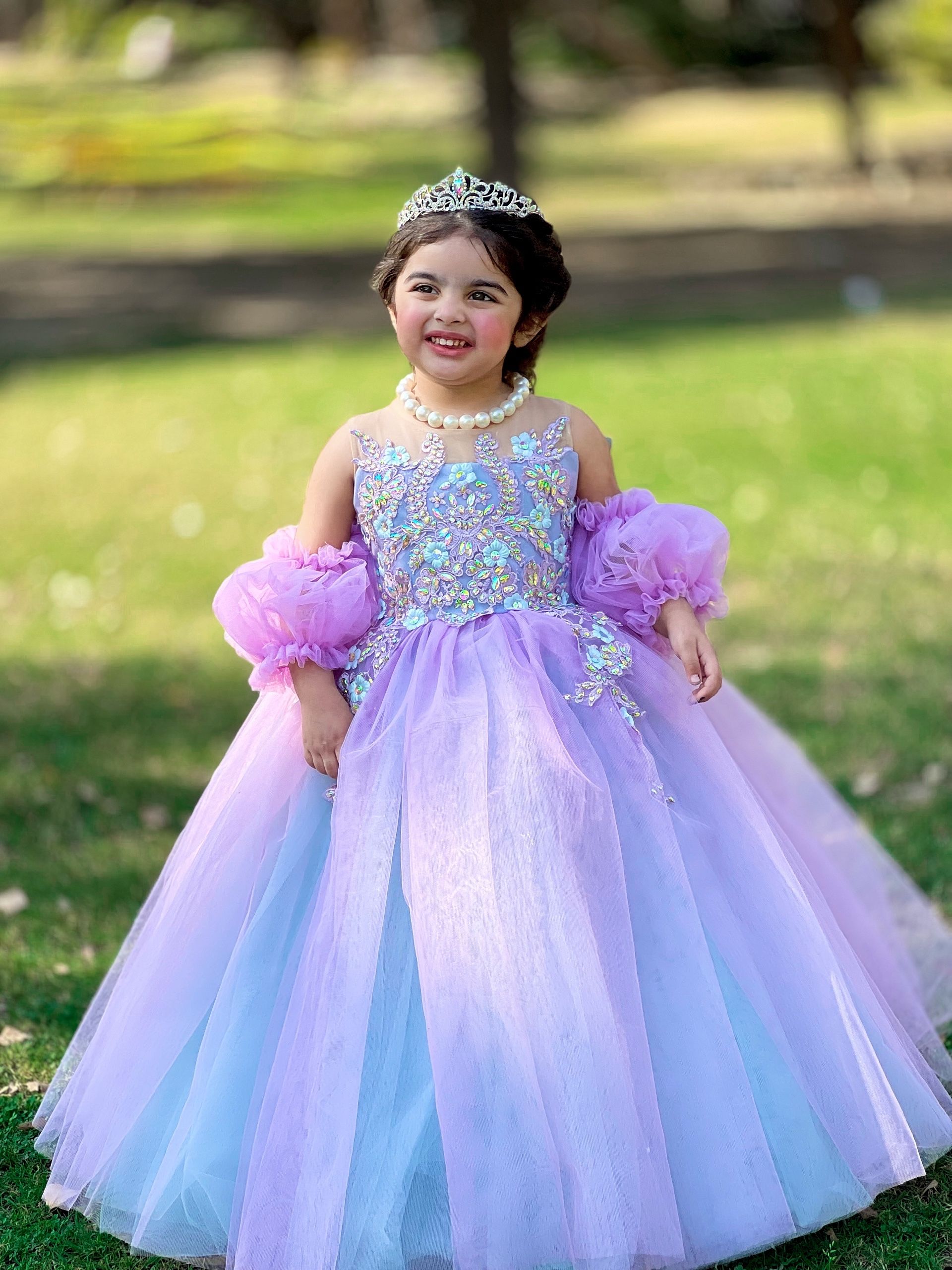 Fluffly Silk Net Gown – handmade girls outfit, silk body with a layered net skirt, made to order in Pakistan