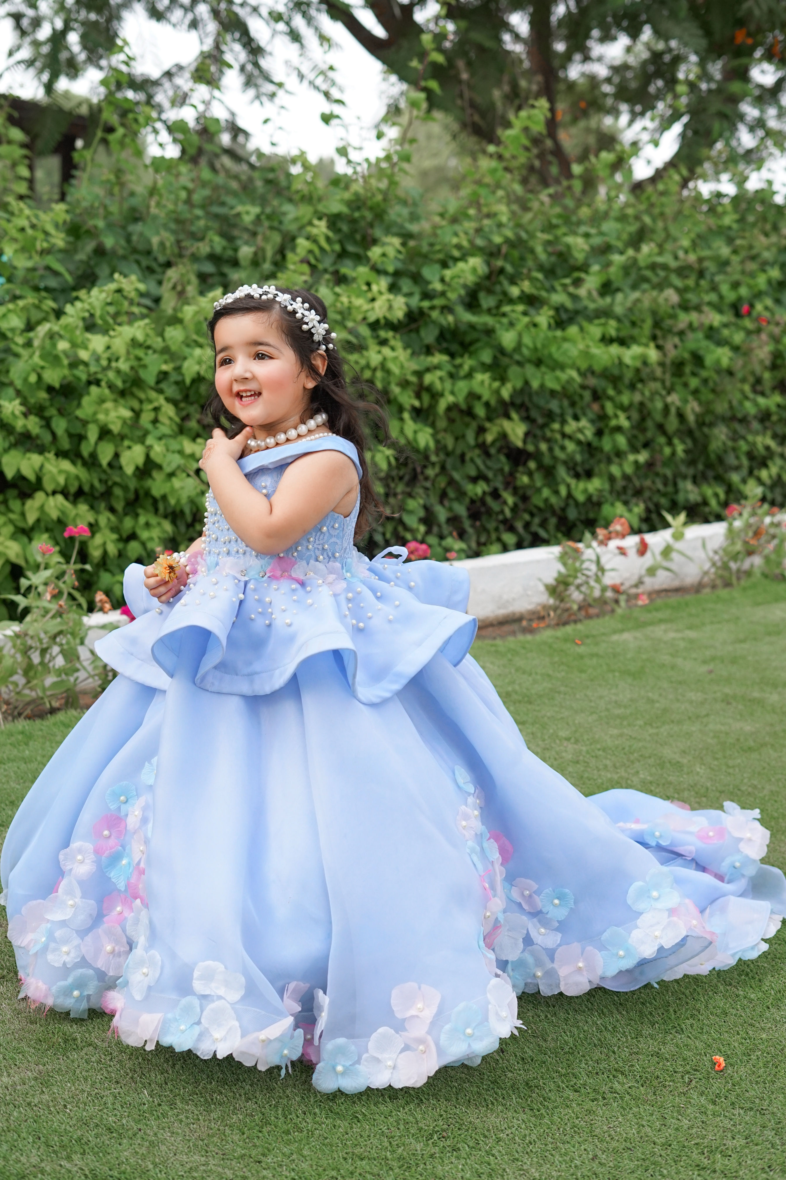Aizal Blue Dress – handmade girls outfit, made to order in Pakistan