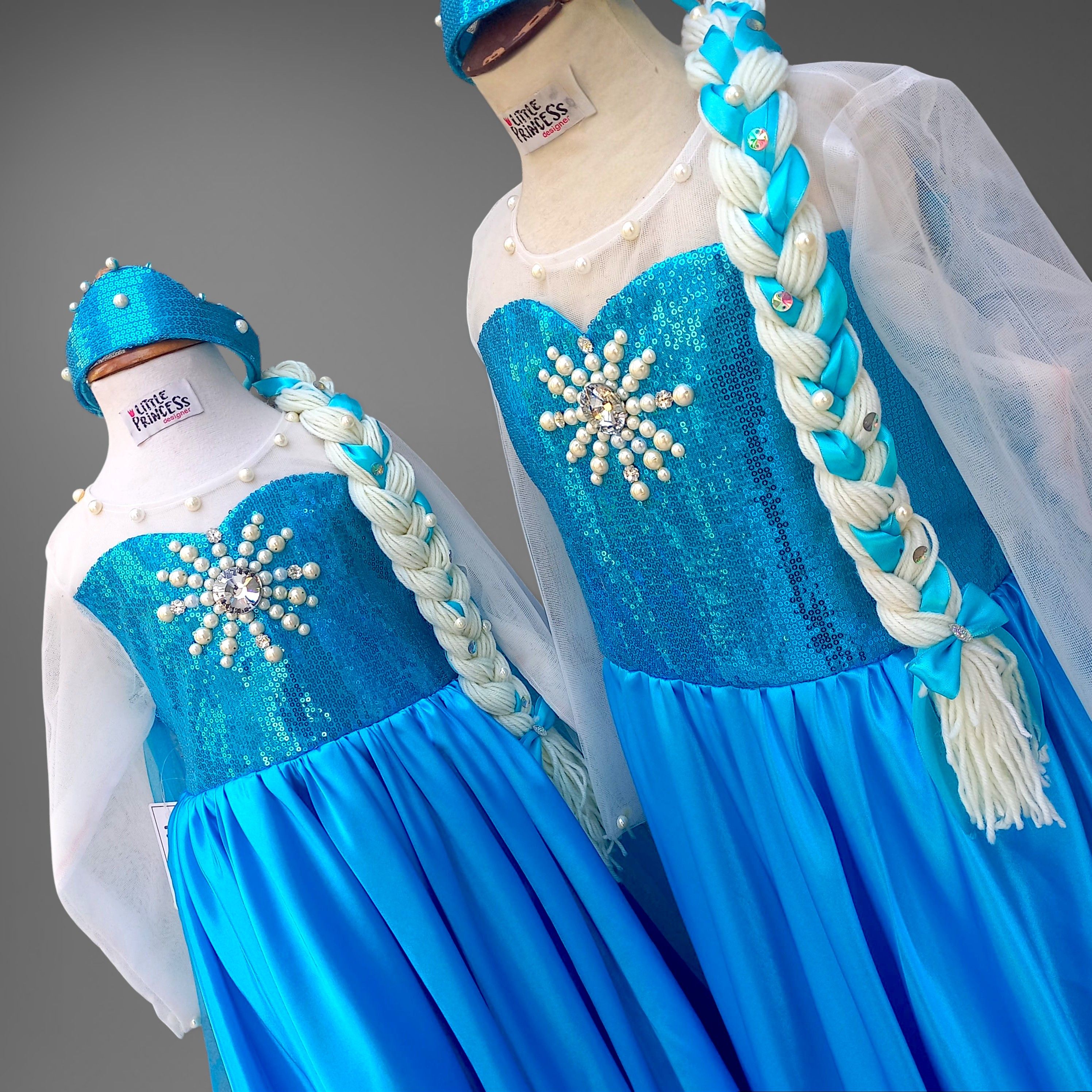 Frozen Dress – handmade girls outfit, sequin and satin silk with net sleeves, made to order in Pakistan