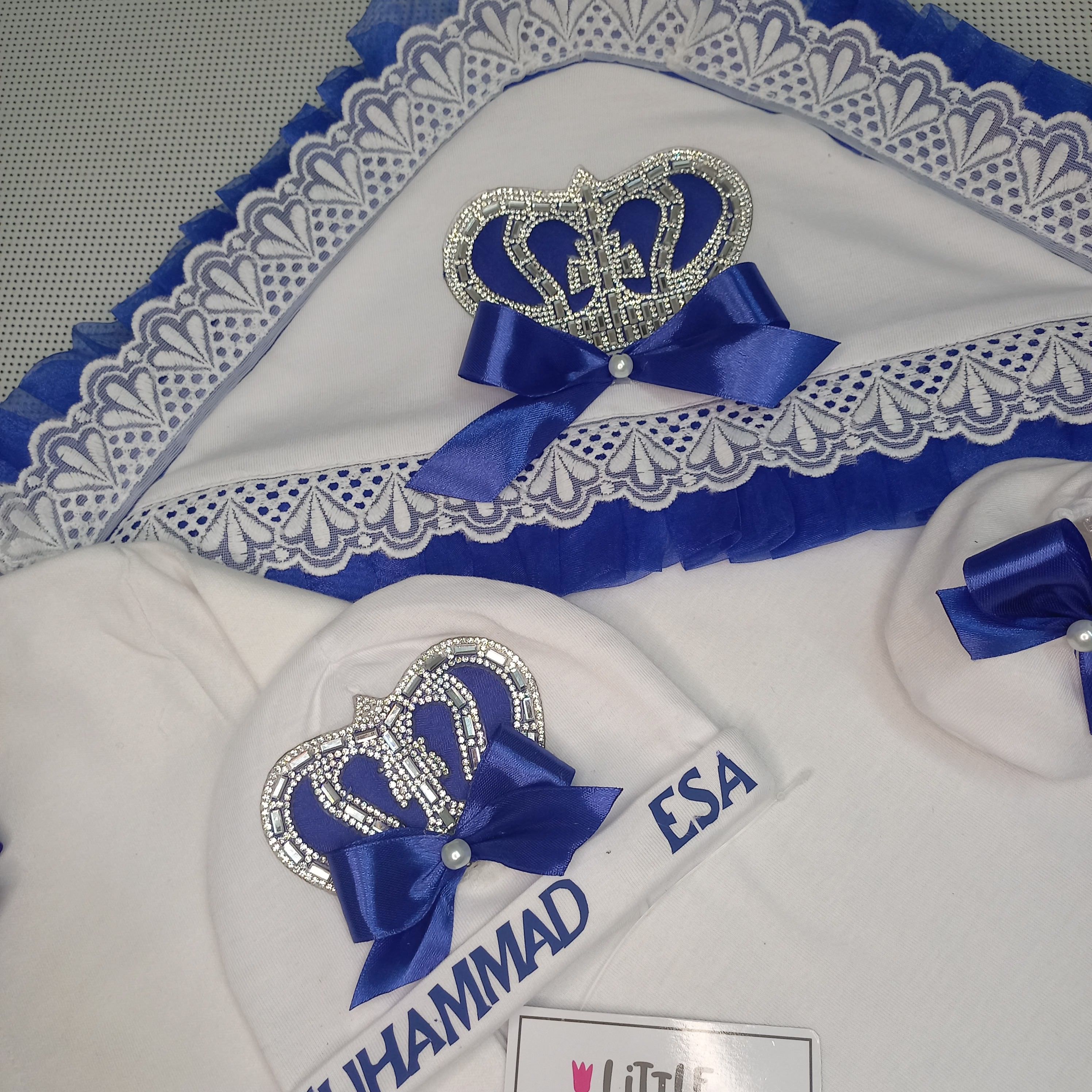 Baby Set with Pillow + Cushions – handmade baby outfit, soft cotton with navy trim across all pieces, made to order in Pakistan