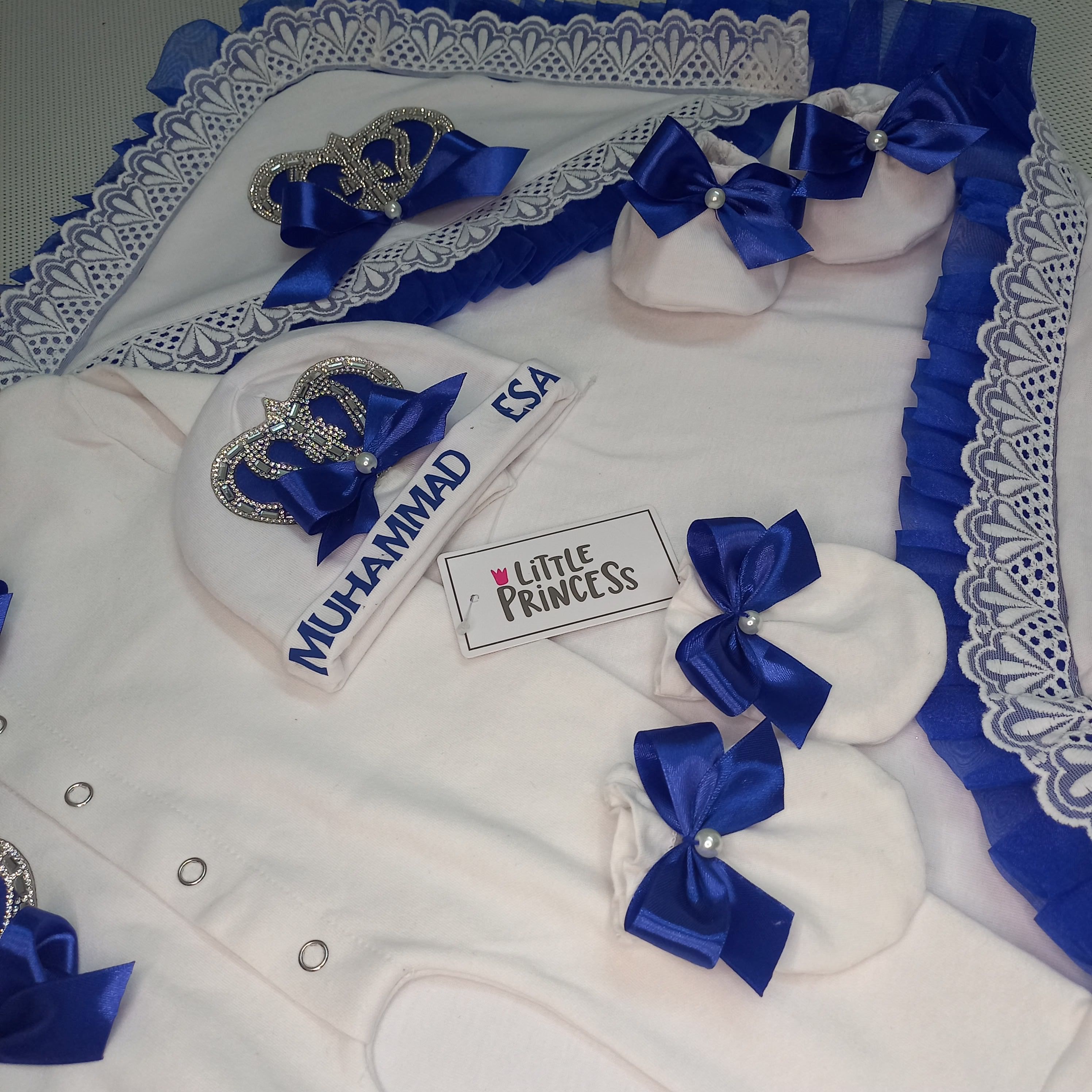 Baby Set with Pillow + Cushions – handmade baby outfit, soft cotton with navy trim across all pieces, made to order in Pakistan