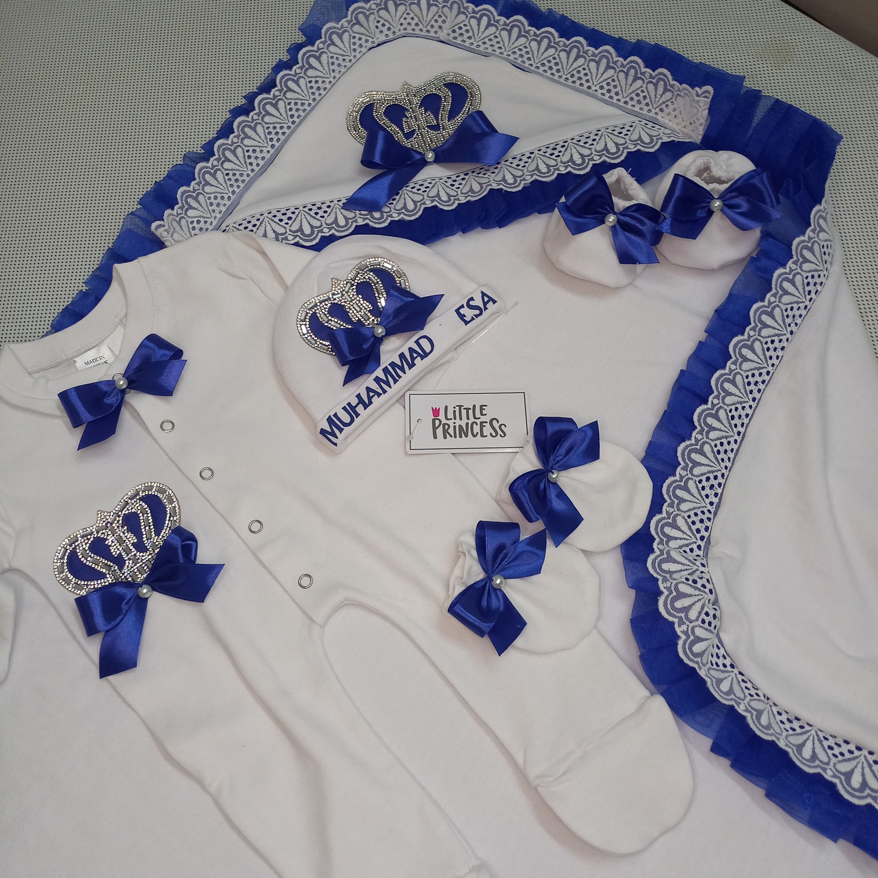Baby Set with Pillow + Cushions – handmade baby outfit, soft cotton with navy trim across all pieces, made to order in Pakistan