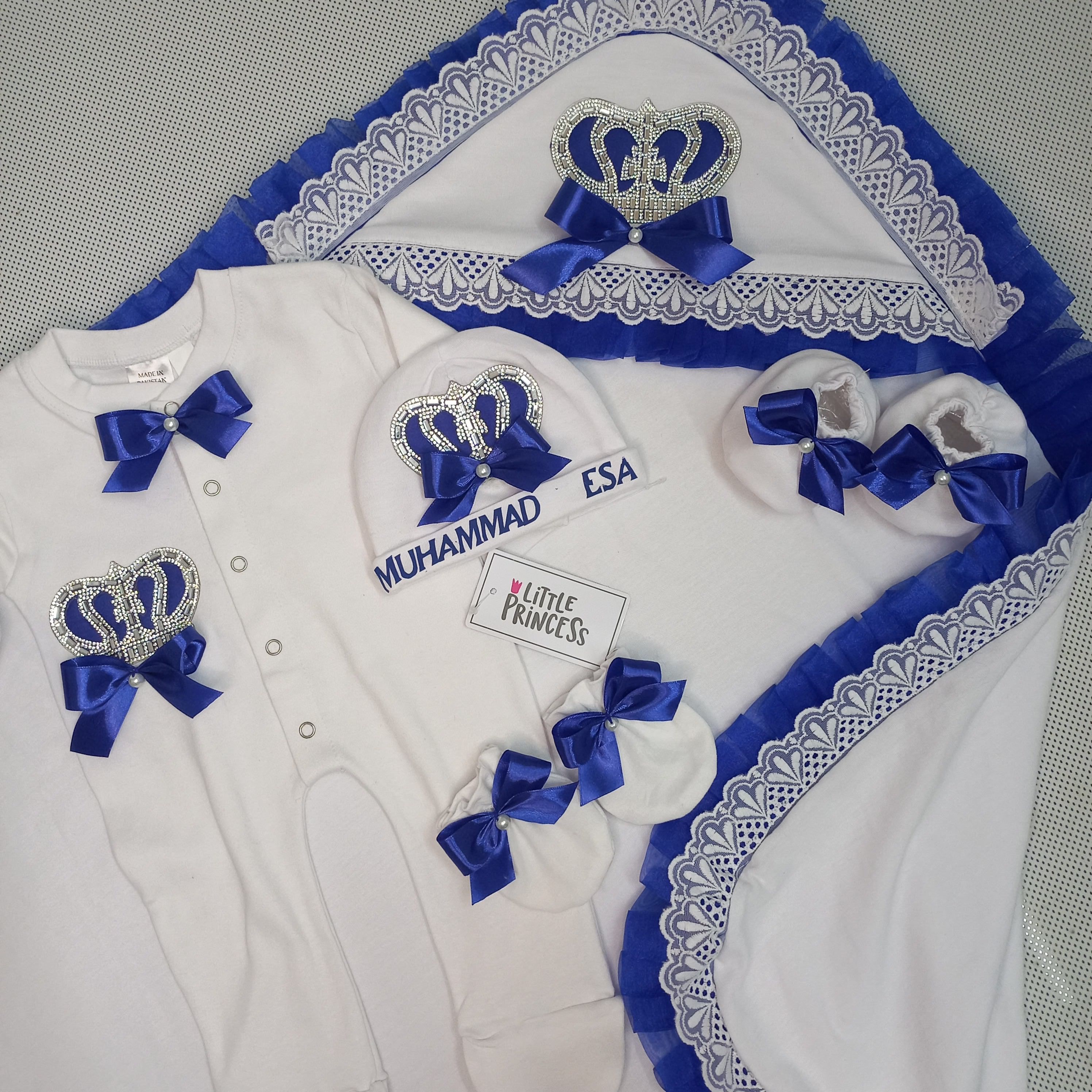 Baby Set with Pillow + Cushions – handmade baby outfit, soft cotton with navy trim across all pieces, made to order in Pakistan