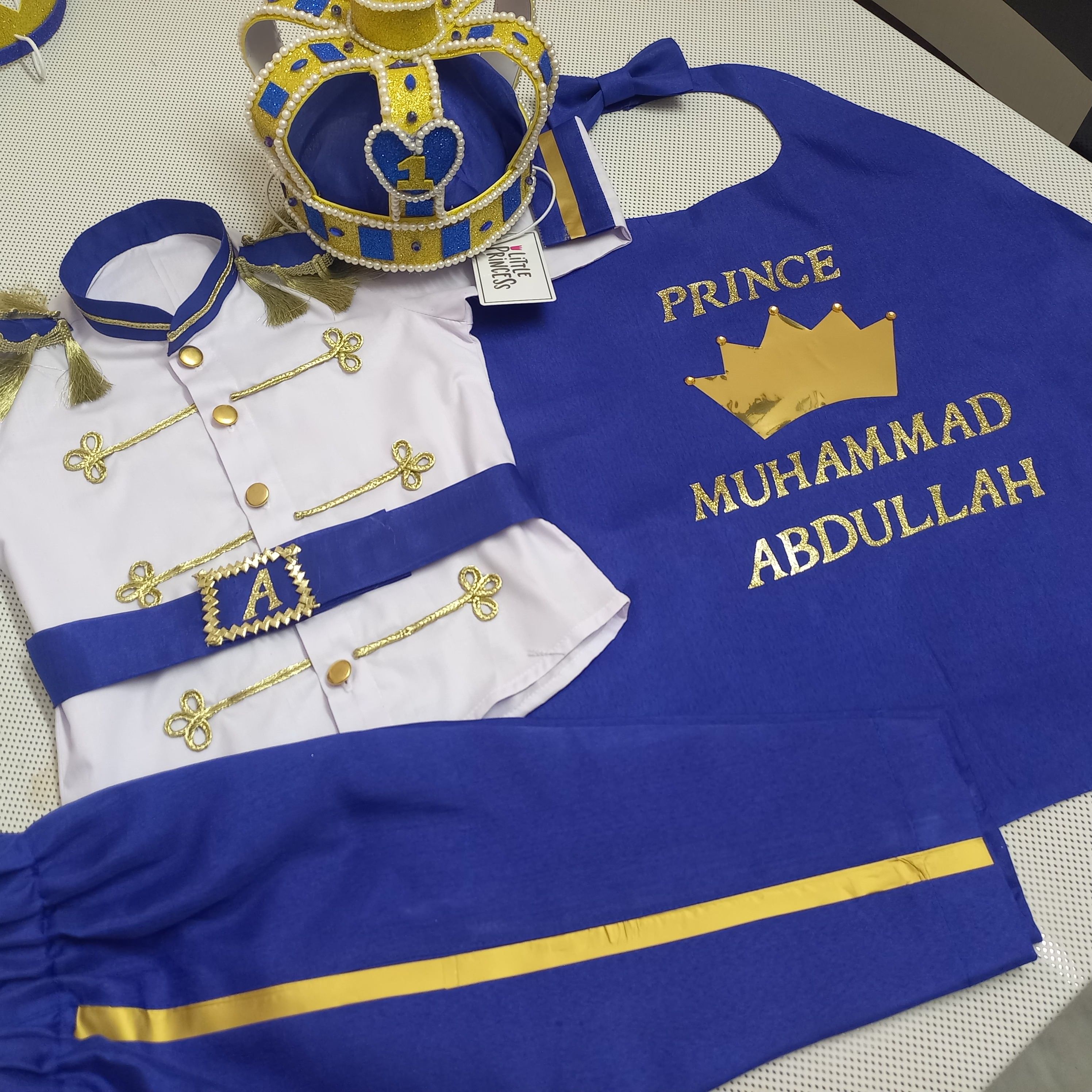 Blue King Crown Prince Dress (5 Piece) – handmade boys outfit, uniform shirt with silk trousers and cape, made to order in Pakistan