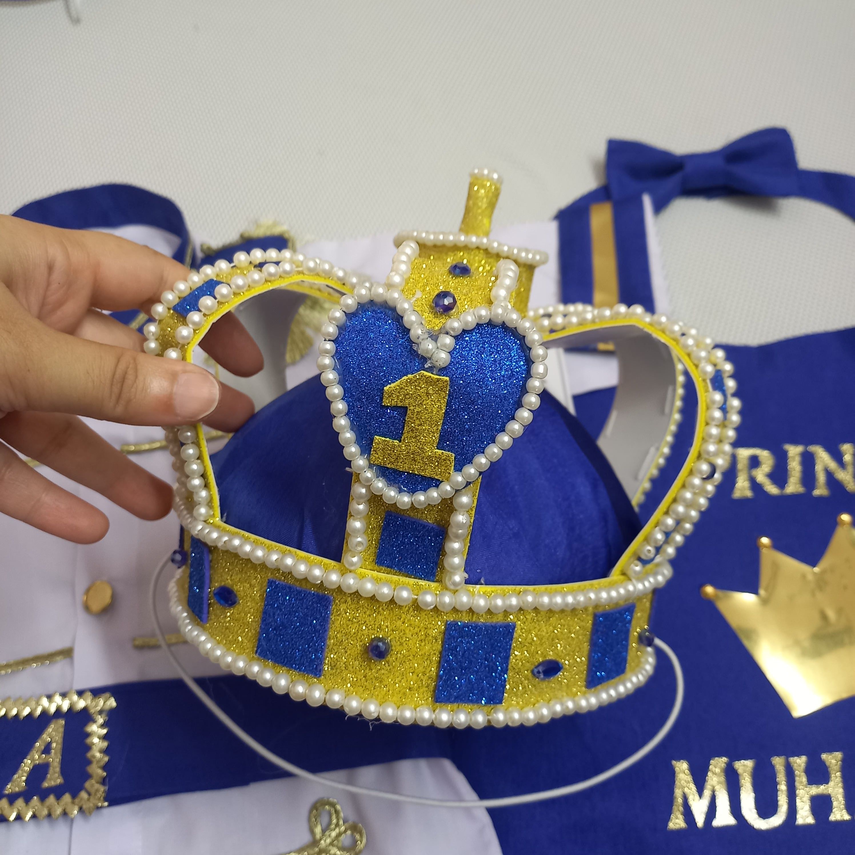 Blue King Crown Prince Dress (5 Piece) – handmade boys outfit, uniform shirt with silk trousers and cape, made to order in Pakistan