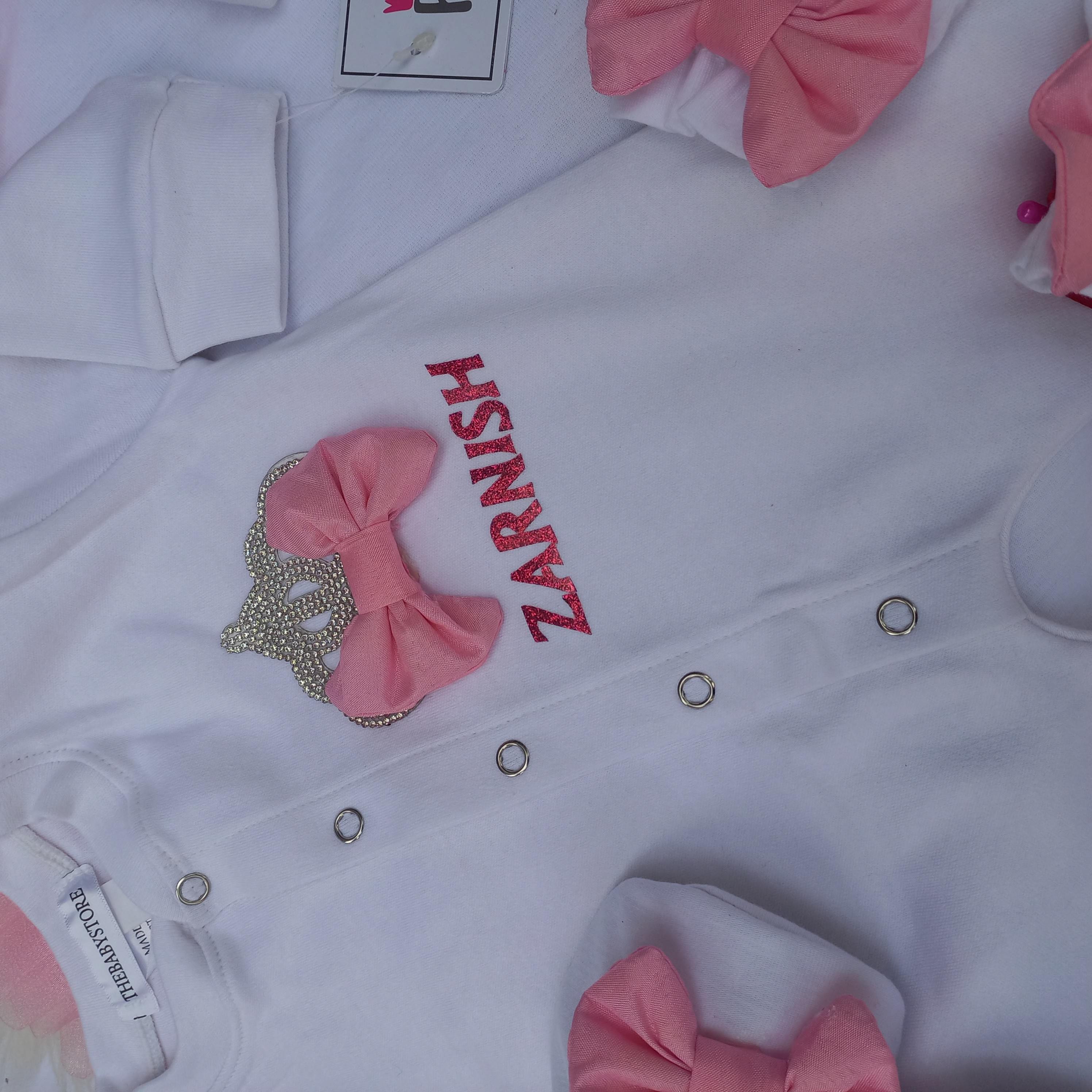 New Born Girl Set – handmade baby outfit, soft cotton with pink trim across all pieces, made to order in Pakistan