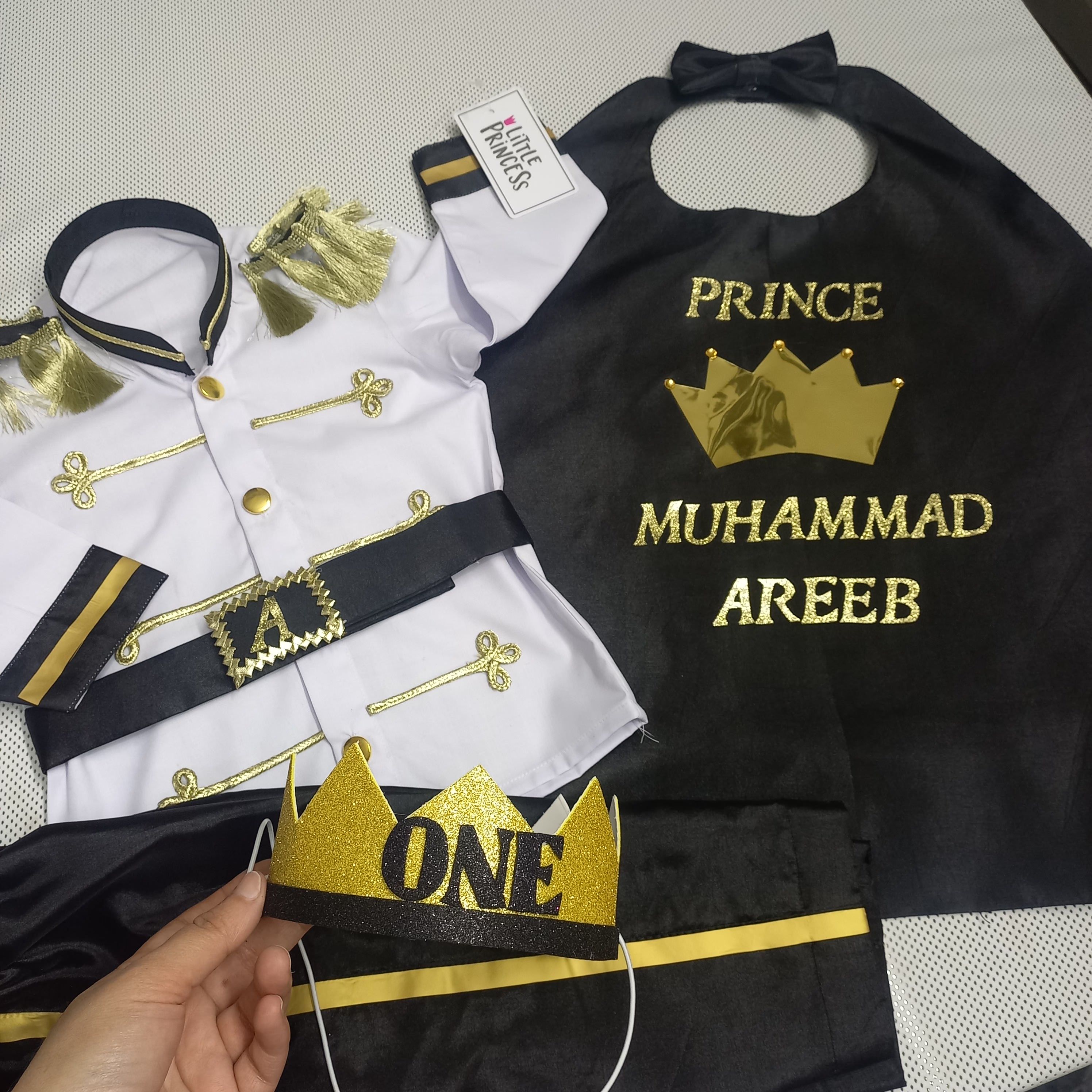 Black Prince Dress (5 Piece) – handmade boys outfit, uniform shirt with silk trousers and cape, made to order in Pakistan