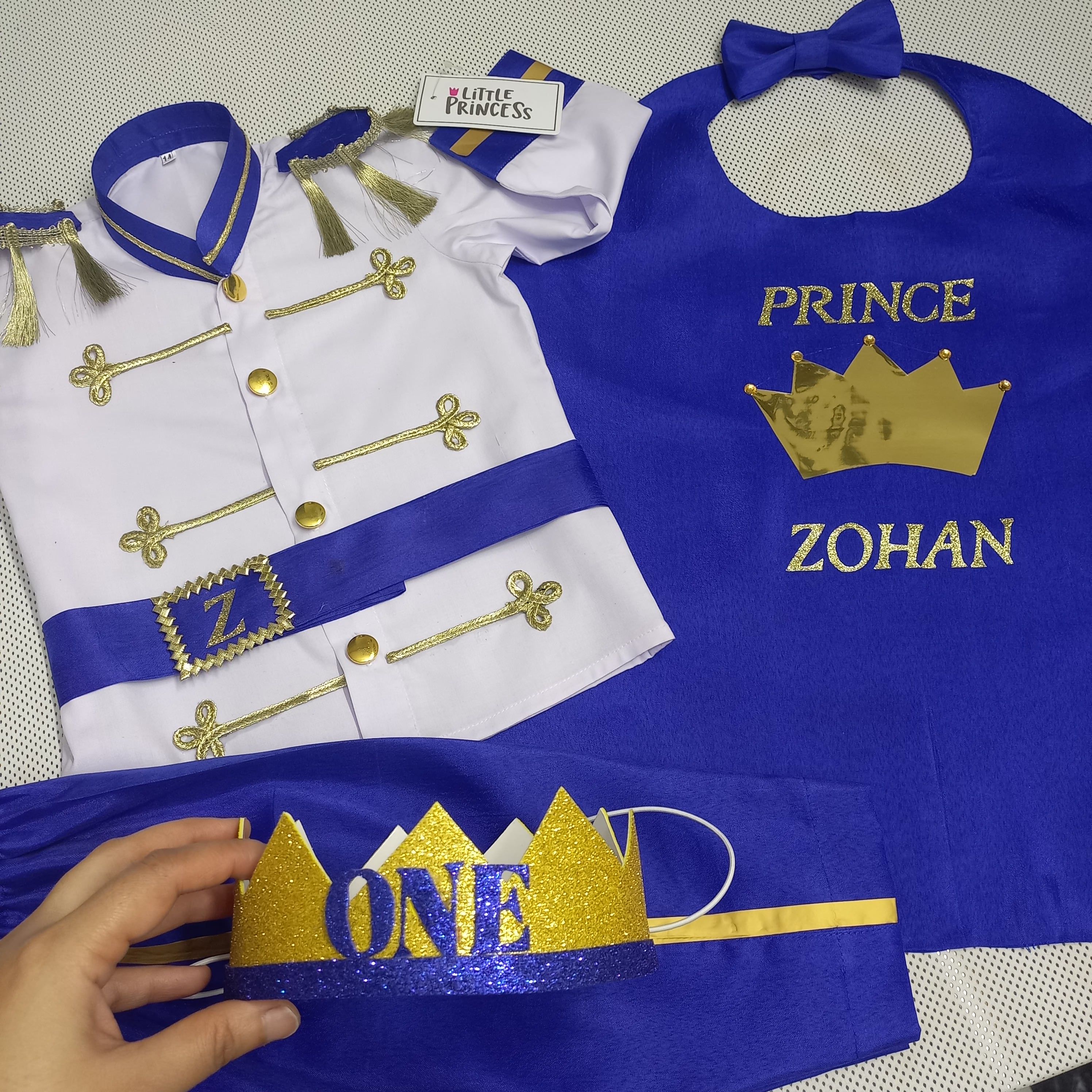 Blue Prince Dress (5 Piece) – handmade boys outfit, uniform shirt with silk trousers and cape, made to order in Pakistan