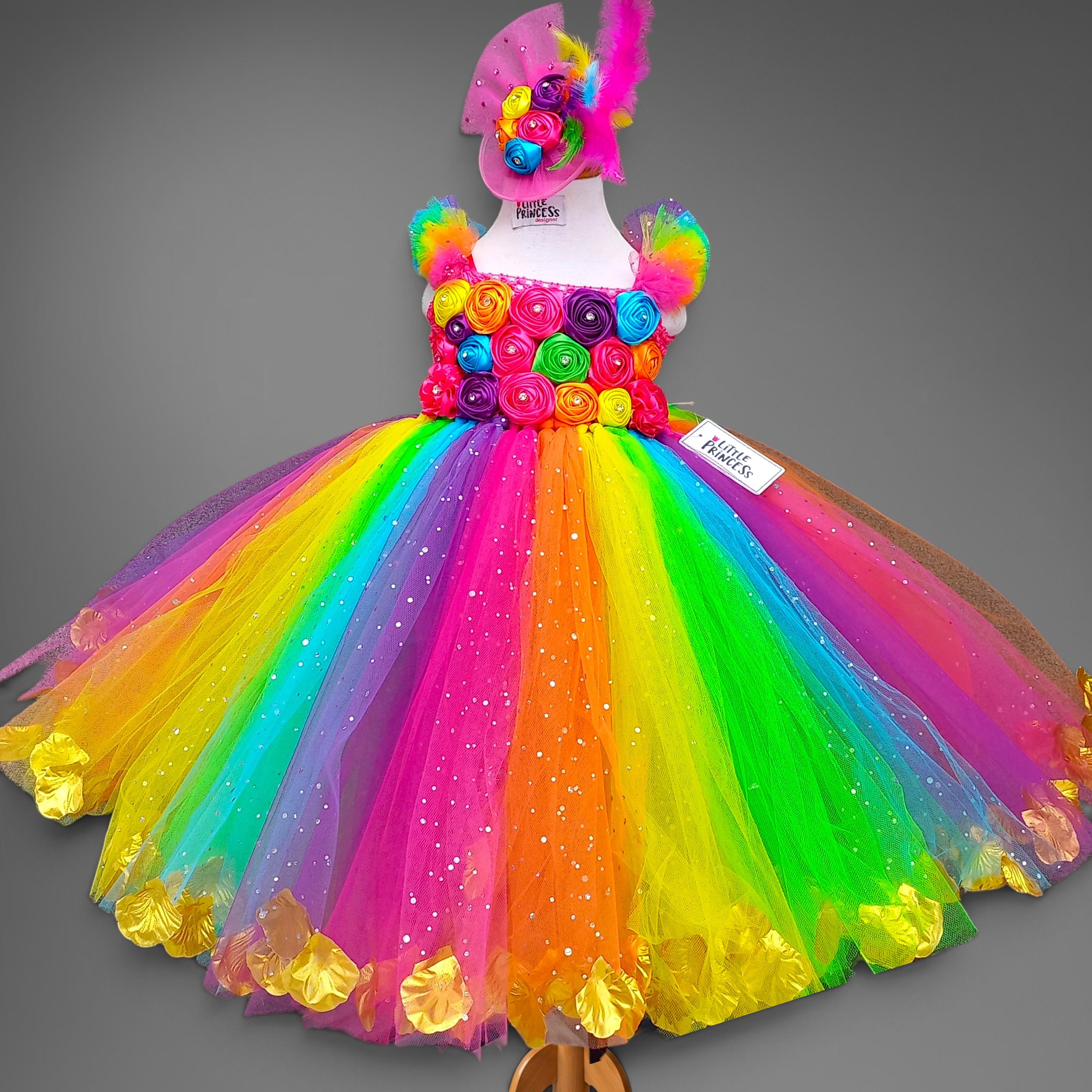 Rainbow Flowered Tutu Dress – handmade girls outfit, crochet body and net skirt, made to order in Pakistan