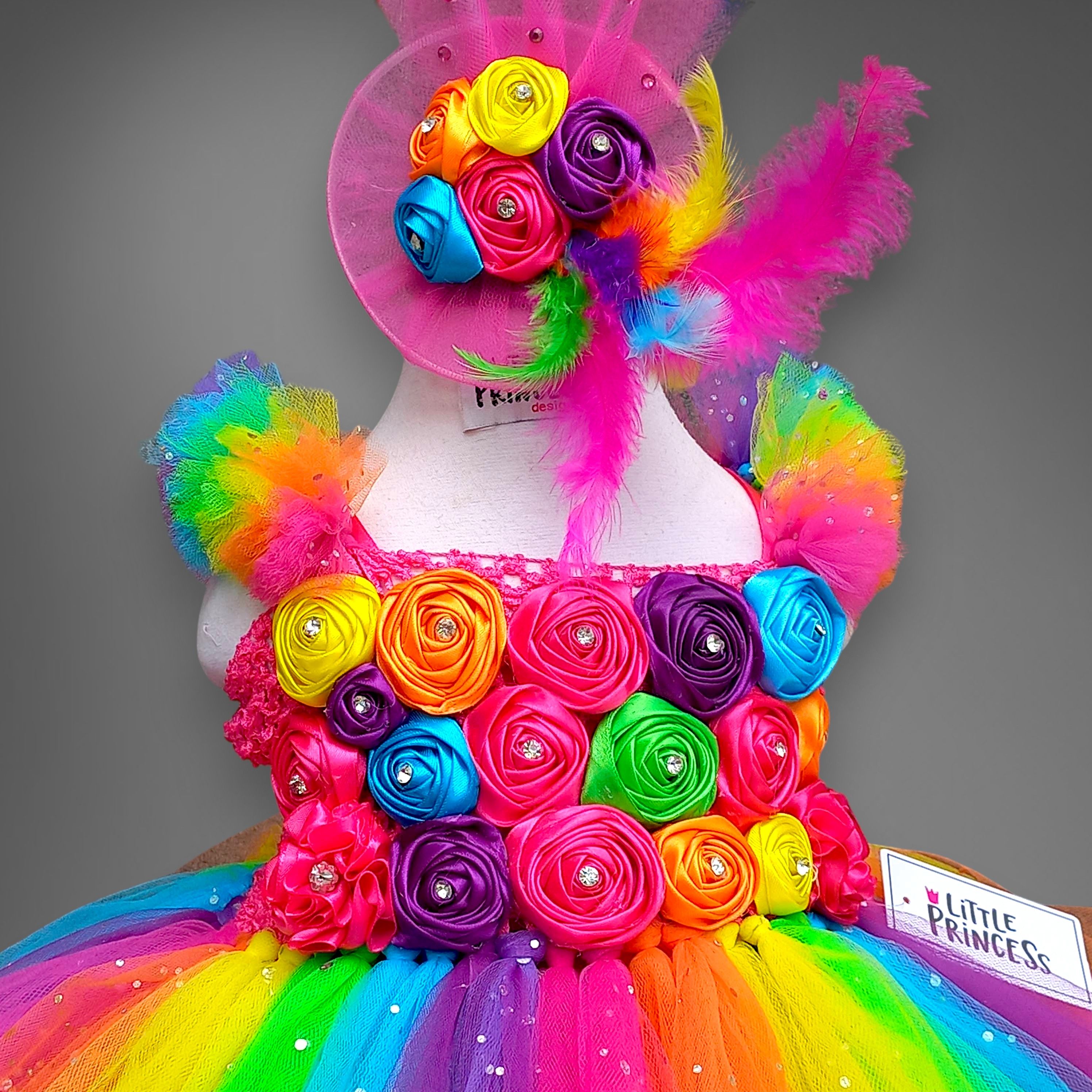 Rainbow Flowered Tutu Dress – handmade girls outfit, crochet body and net skirt, made to order in Pakistan